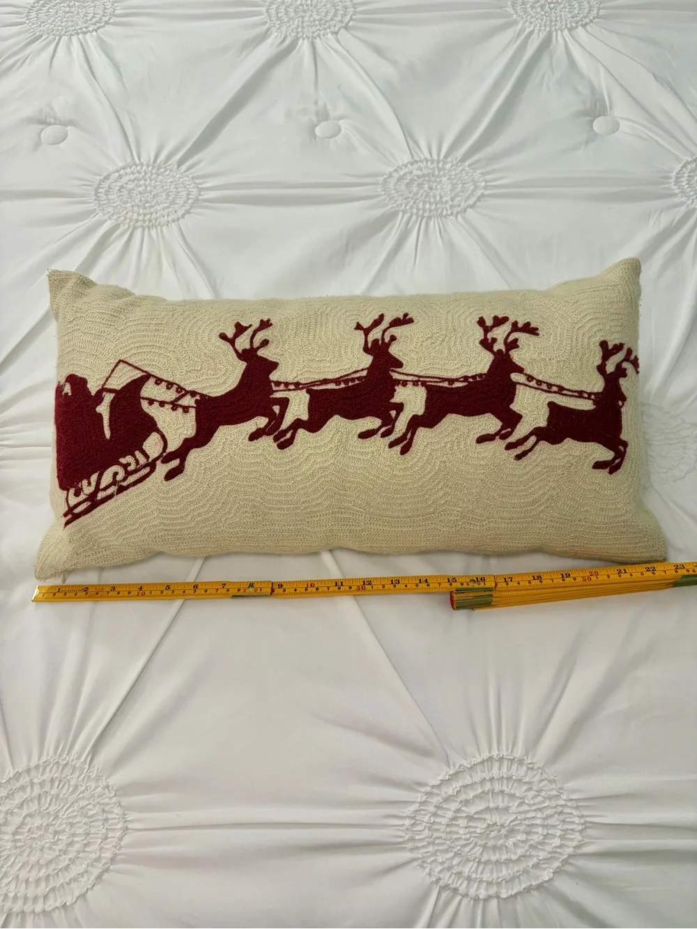 Pottery Barn Embroidered Santa Sleigh Reindeer Holiday Wool Blend Lumbar Pillow